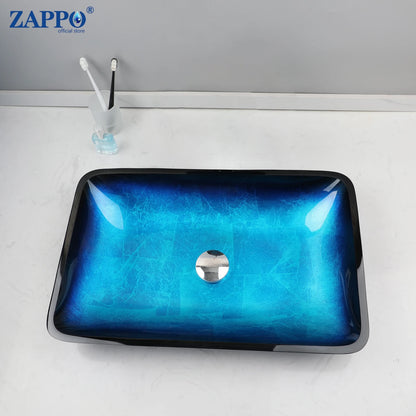 Tempered Glass Bathroom Vessel Sink with Waterfall Black Faucet Tap Bathroom Oval Blue Vessel Sinks Above Counter Basin