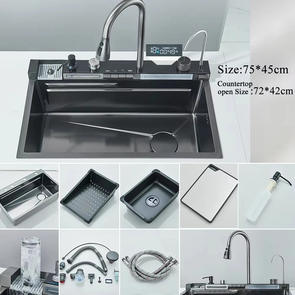 Stainless Steel Waterfall Kitchen Sink Large Single Slot Integrated Digital Display Faucet Set Soap Dispenser Cup Washer