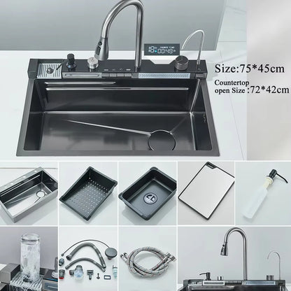 Stainless Steel Waterfall Kitchen Sink Large Single Slot Integrated Digital Display Faucet Set Soap Dispenser Cup Washer