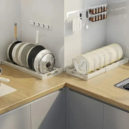 Expandable Pots and Pans Organizer Under Cabinet, Pot Lid Holder with 7Adjustable Compartment for Bakewar