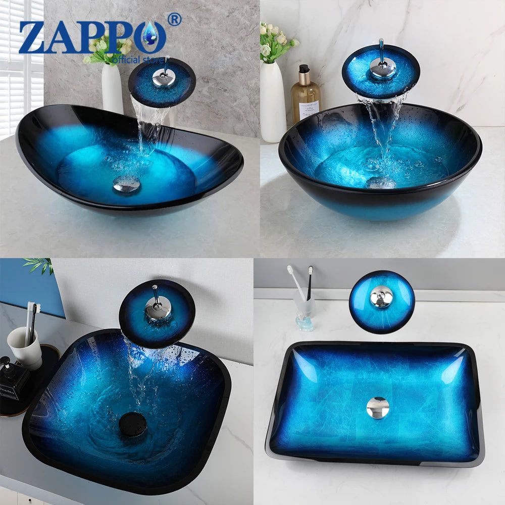 Tempered Glass Bathroom Vessel Sink with Waterfall Black Faucet Tap Bathroom Oval Blue Vessel Sinks Above Counter Basin
