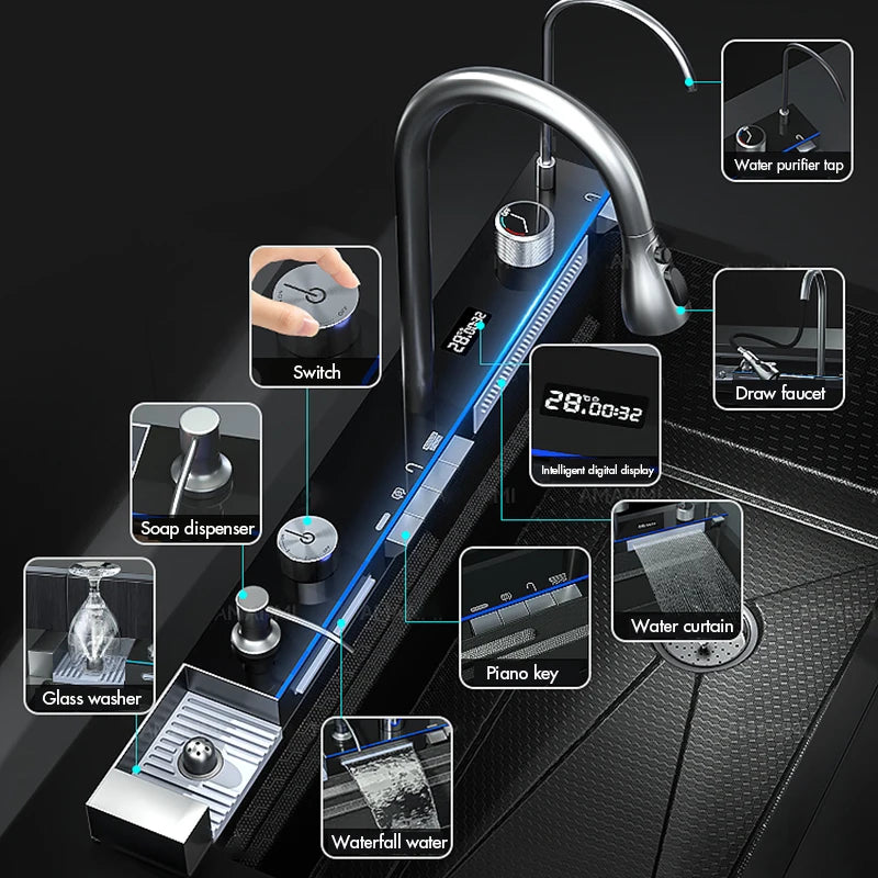 Stainless Steel Waterfall Kitchen Sink Large Single Slot Integrated Digital Display Faucet Set Soap Dispenser Cup Washer