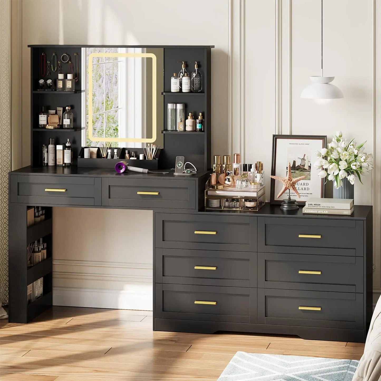 Makeup Vanity with Dresser Lighted Mirror & Power Outlet