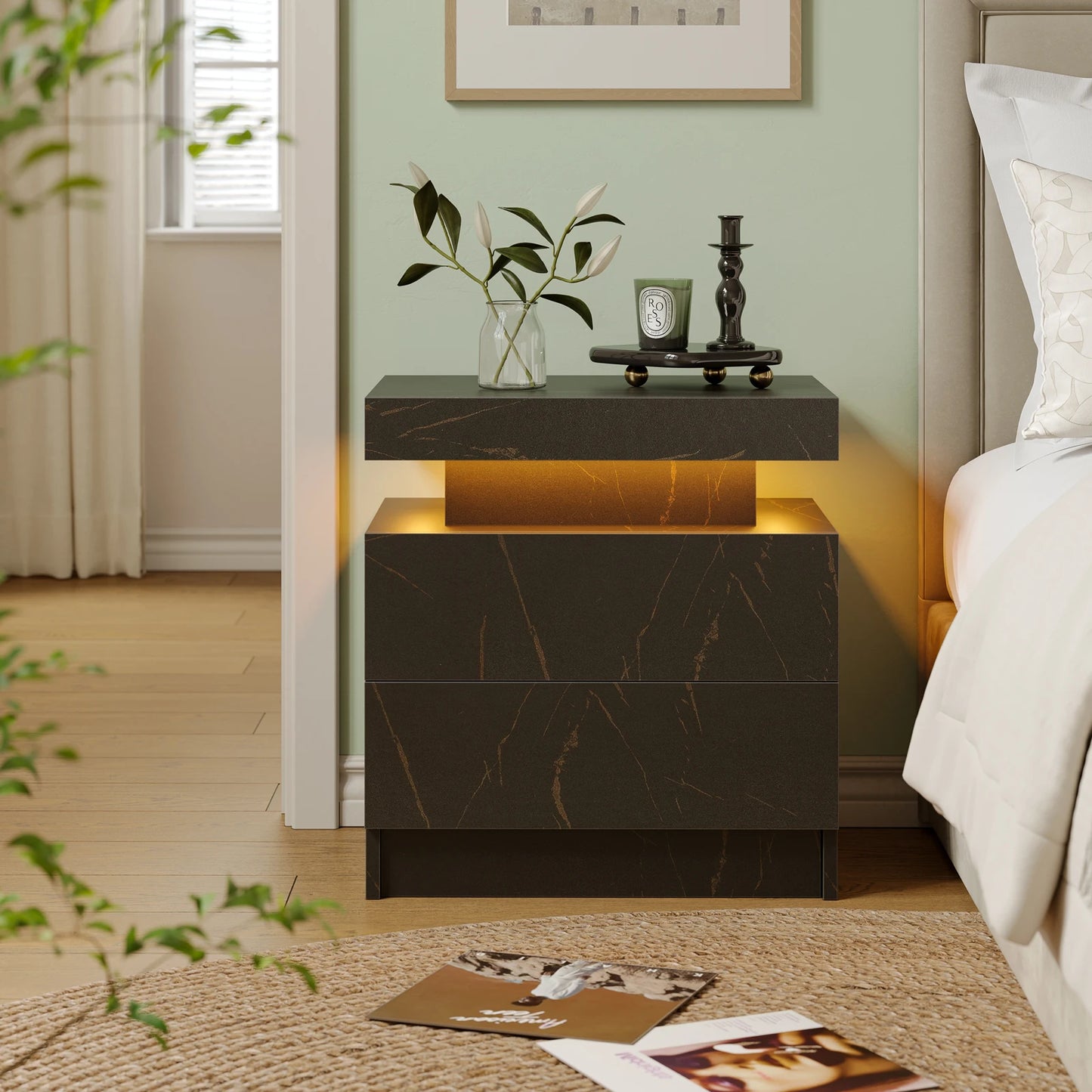 LED Nightstands with 2 Drawers, End Table