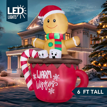 6 FT Tall Christmas Inflatable Gingerbread Man in Hot Cocoa Mug