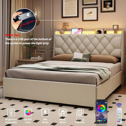 Queen Size Bed Frame with 4 Drawers & Storage Headboard