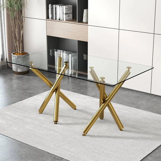 Glass Dining Table, Gold Table for 6-8