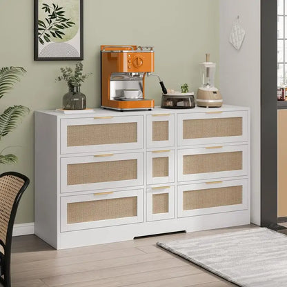 White Rattan Storage Locker with 9 Drawers