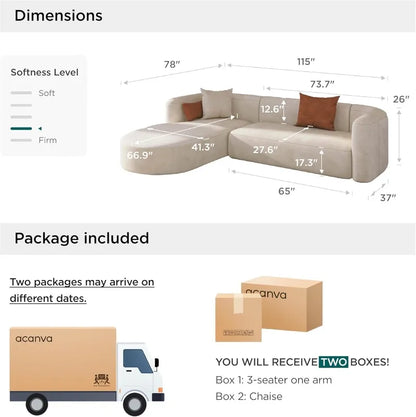 Velvet L-Shaped Sofa Curved Back Left Chaise