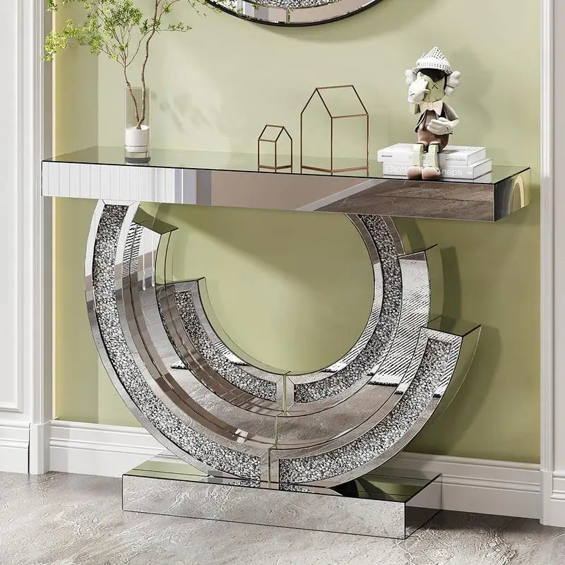 3C Shaped Crushed Diamond Hallway Table Mirrored Center