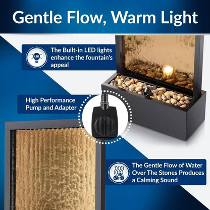 72 Tall Indoor Outdoor Mirror Waterfall Floor Fountain, LED Lights amp River Stones, Elegant Bronze Finish for Home, Office, Pa