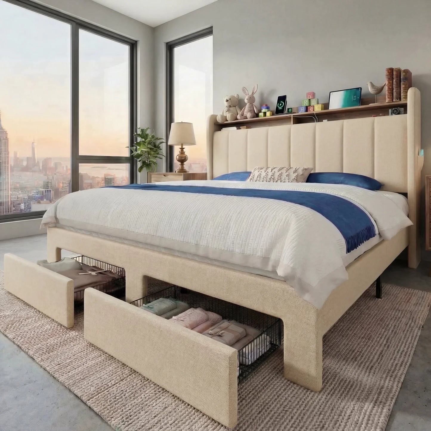 Bed Frame, 2 Storage Drawers/2-Tier Shelves with LED Lights