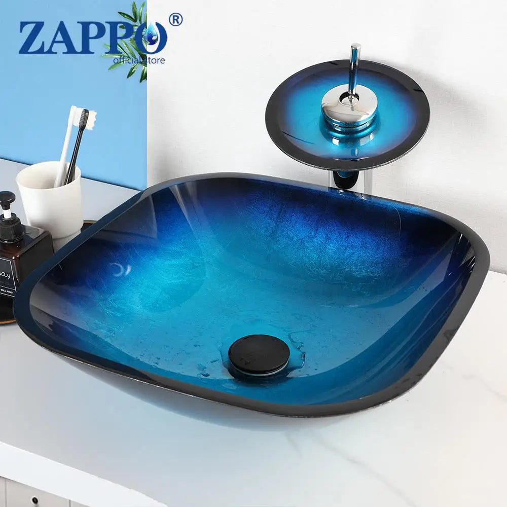 Tempered Glass Bathroom Vessel Sink with Waterfall Black Faucet Tap Bathroom Oval Blue Vessel Sinks Above Counter Basin