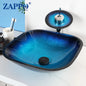 Tempered Glass Bathroom Vessel Sink with Waterfall Black Faucet Tap Bathroom Oval Blue Vessel Sinks Above Counter Basin