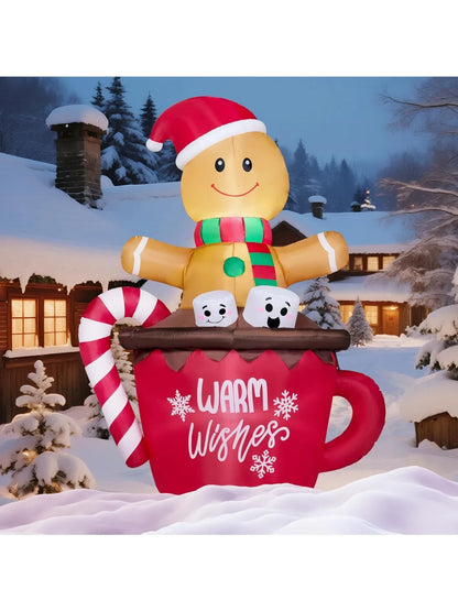 6 FT Tall Christmas Inflatable Gingerbread Man in Hot Cocoa Mug