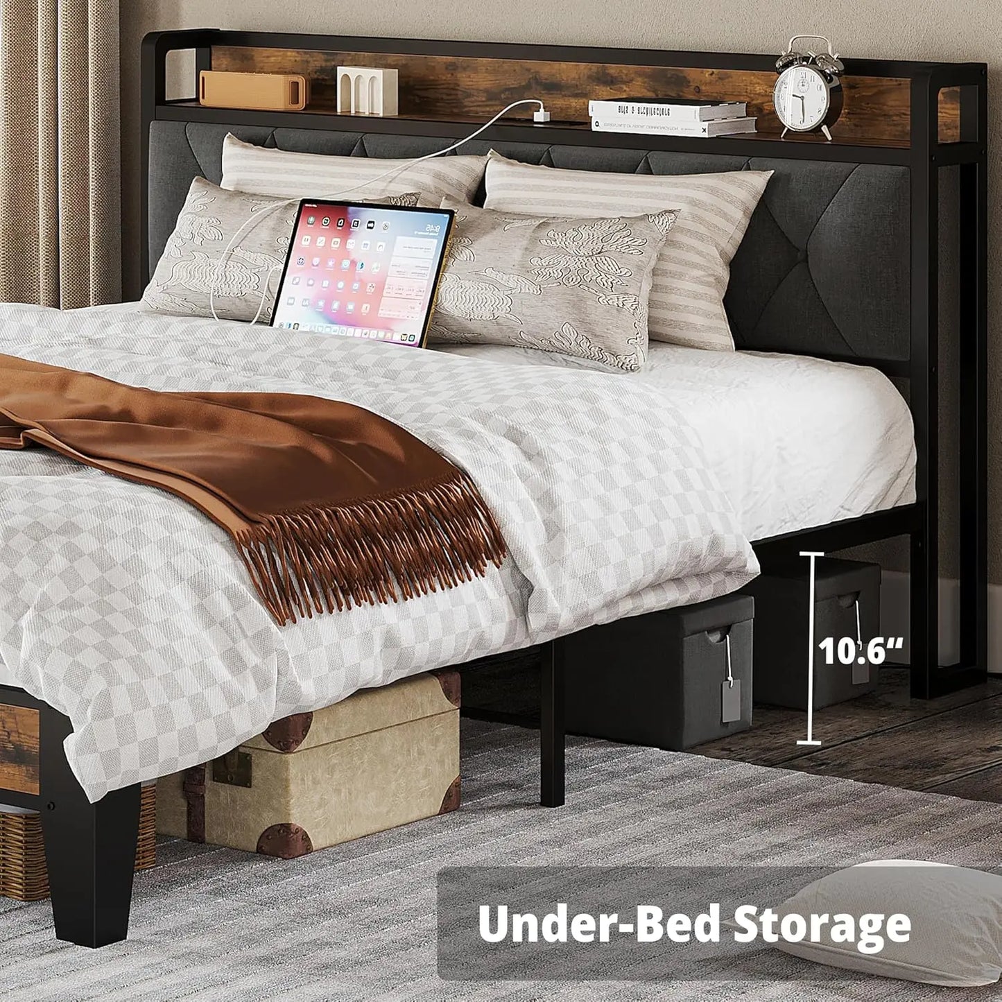Bed Frames, Storage Headboard with Outlets