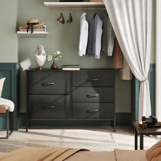 Wide Fabric Storage Chest with 5 Drawers