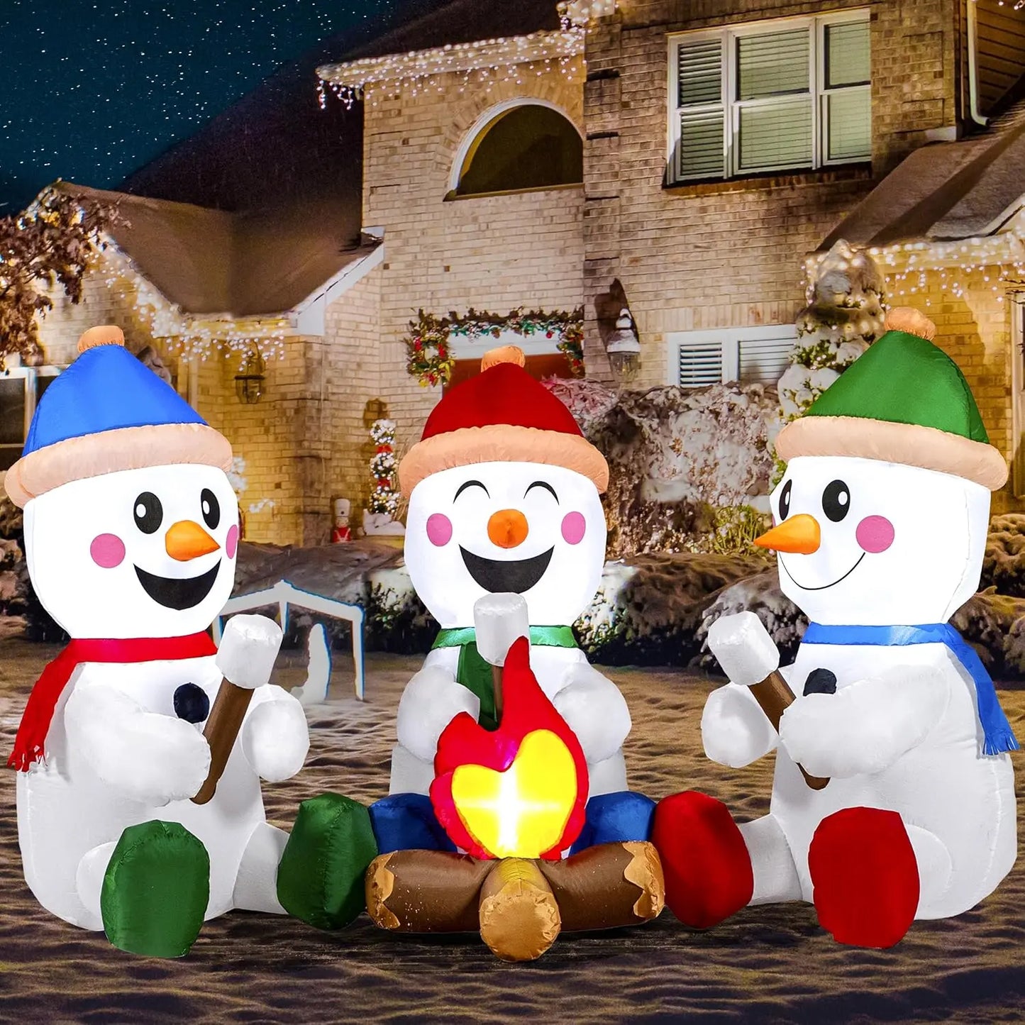 6 FT Long Christmas Inflatable Snowman with Campfire with Built-in LEDs for Xmas Party  Christmas Blow Up Yard Decoration