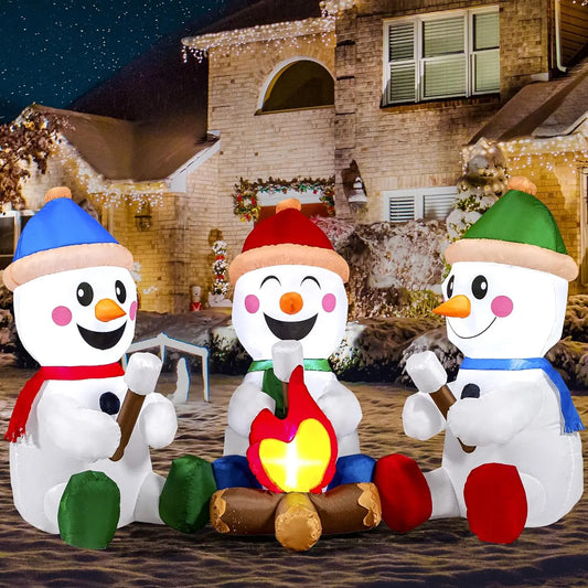 6 FT Long Christmas Inflatable Snowman with Campfire with Built-in LEDs for Xmas Party  Christmas Blow Up Yard Decoration