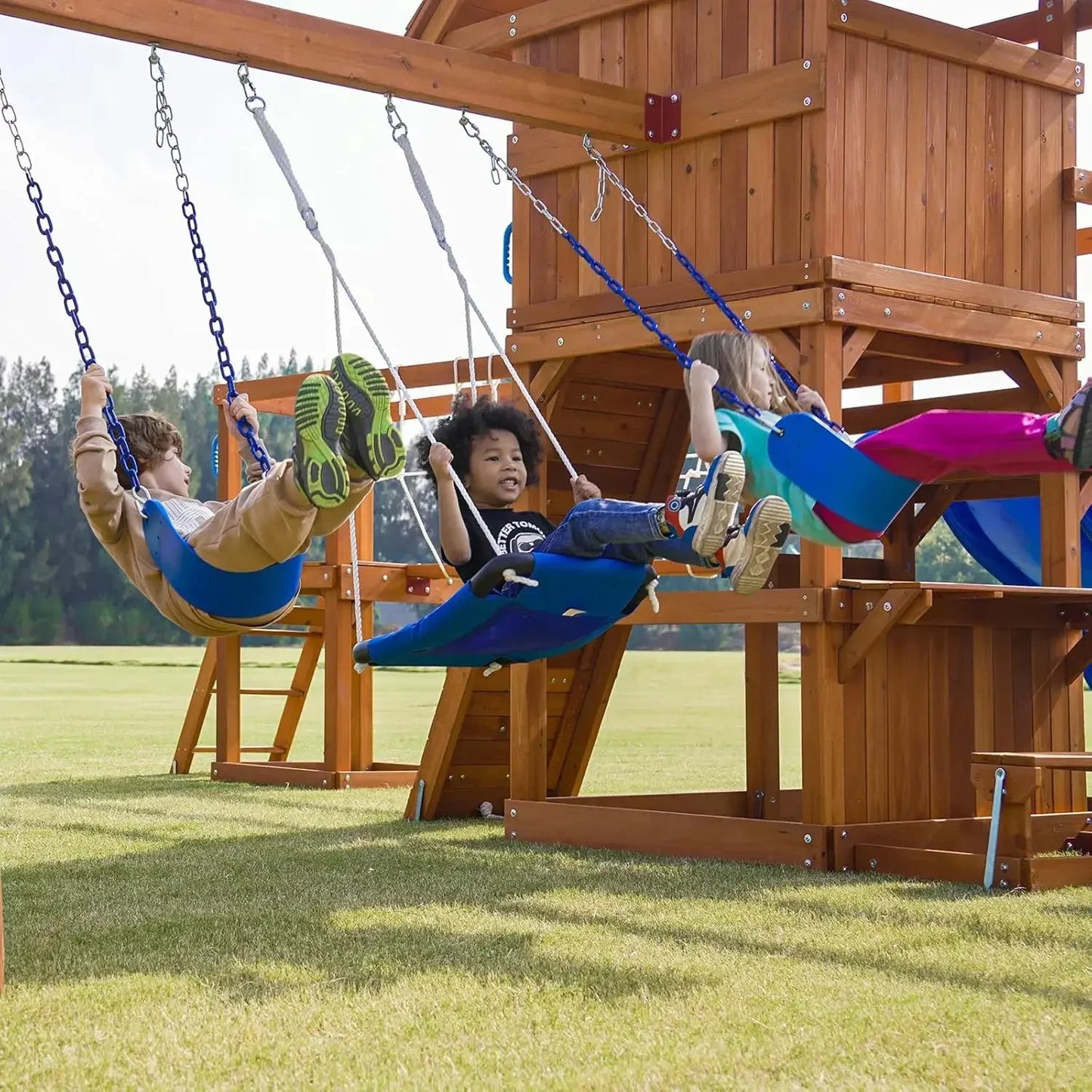 Swing Sets for Backyard with Plank Bridge, Wooden Playground Sets for Backyards with 2 Wave Slides, Monkey bar