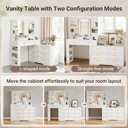 Makeup Vanity with Dresser Lighted Mirror & Power Outlet