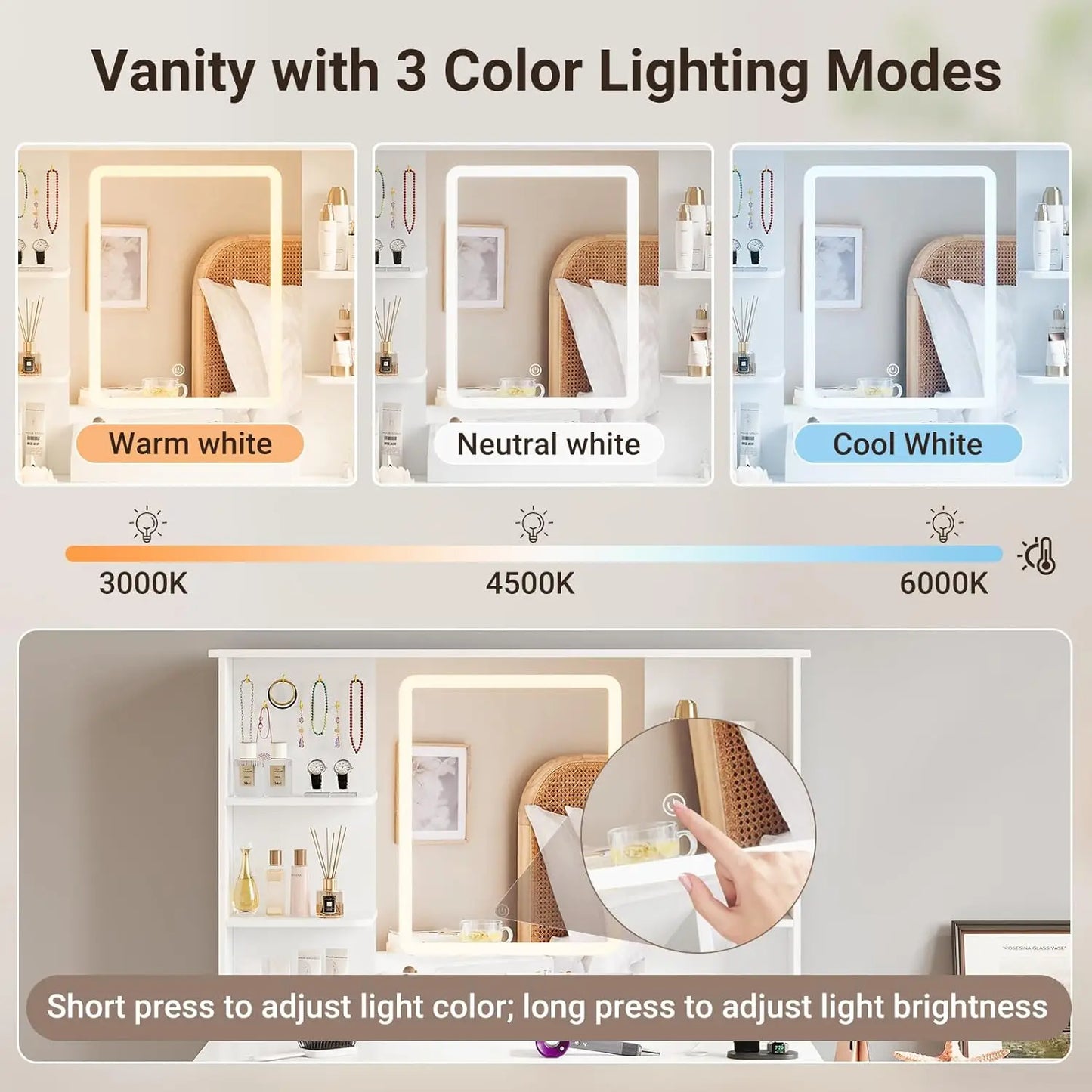Makeup Vanity with Dresser Lighted Mirror & Power Outlet