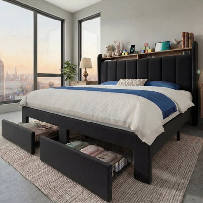 Bed Frame, 2 Storage Drawers/2-Tier Shelves with LED Lights