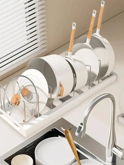 Expandable Pots and Pans Organizer Under Cabinet, Pot Lid Holder with 7Adjustable Compartment for Bakewar