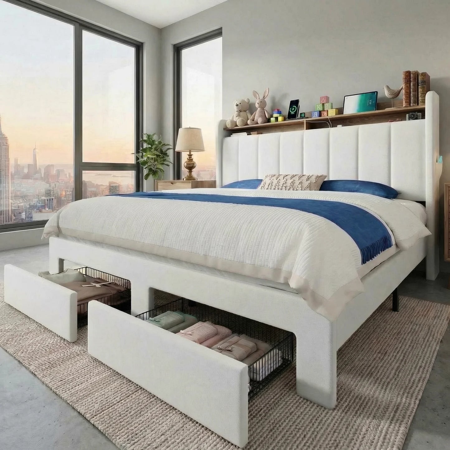 Bed Frame, 2 Storage Drawers/2-Tier Shelves with LED Lights