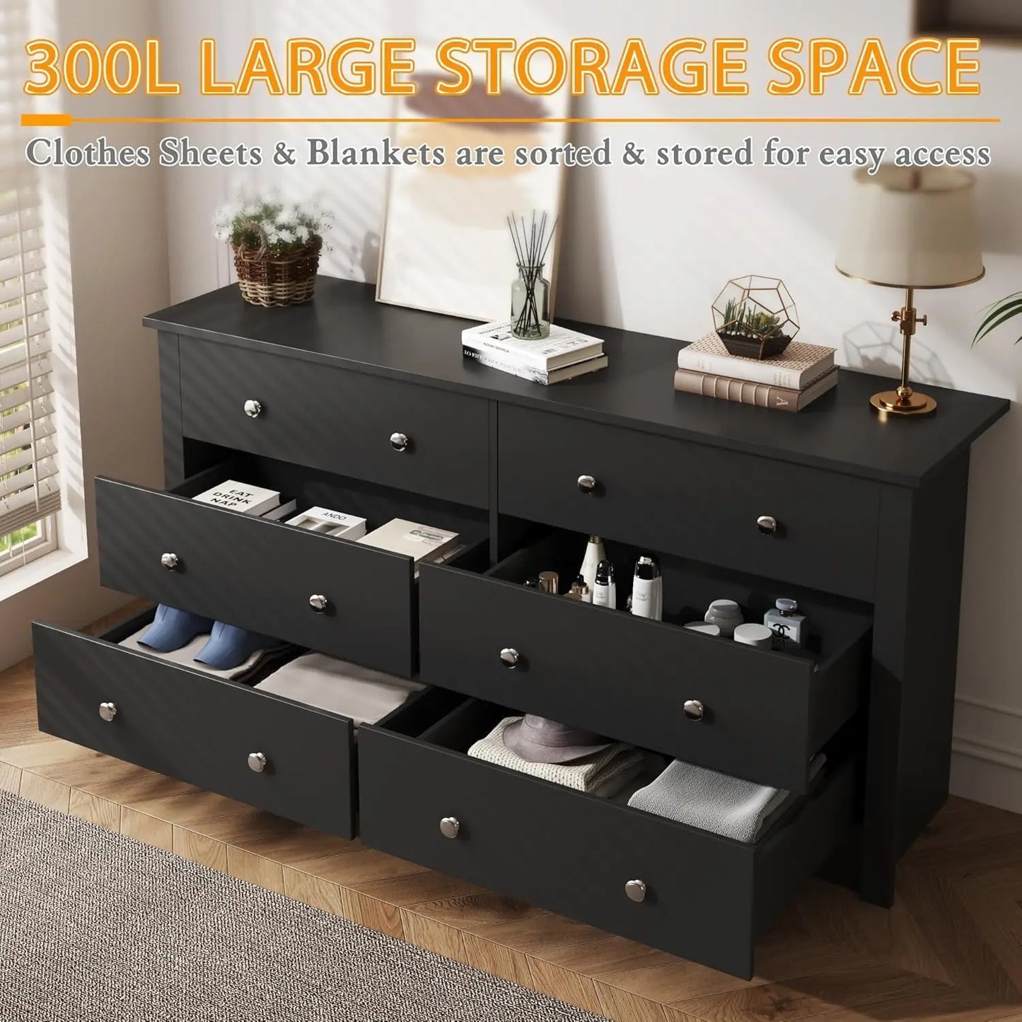6 Wood Drawers Dresser for Bedroom, Double Dresser for TV up to 65 inch, TV Stand Storage Chest of Drawers for Living Room