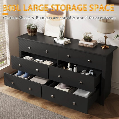 6 Wood Drawers Dresser for Bedroom, Double Dresser for TV up to 65 inch, TV Stand Storage Chest of Drawers for Living Room