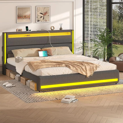 King Size Bed with Adjustable Headboard, LED Platform Bed
