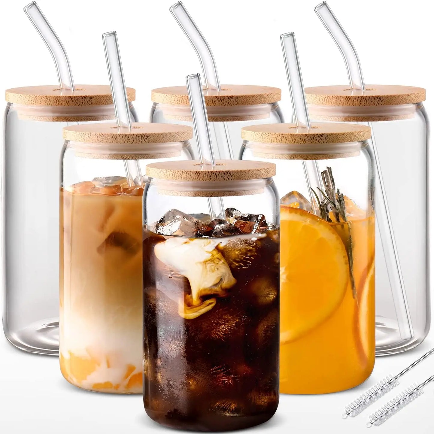 6pcs 18.6oz Glasses with Bamboo Lids and Glass Straw