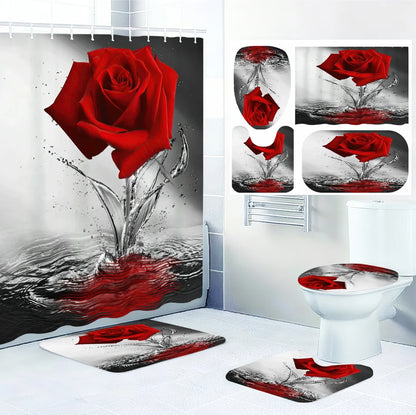 Red Rose Bathroom Four-piece Set - Waterproof Shower Curtain