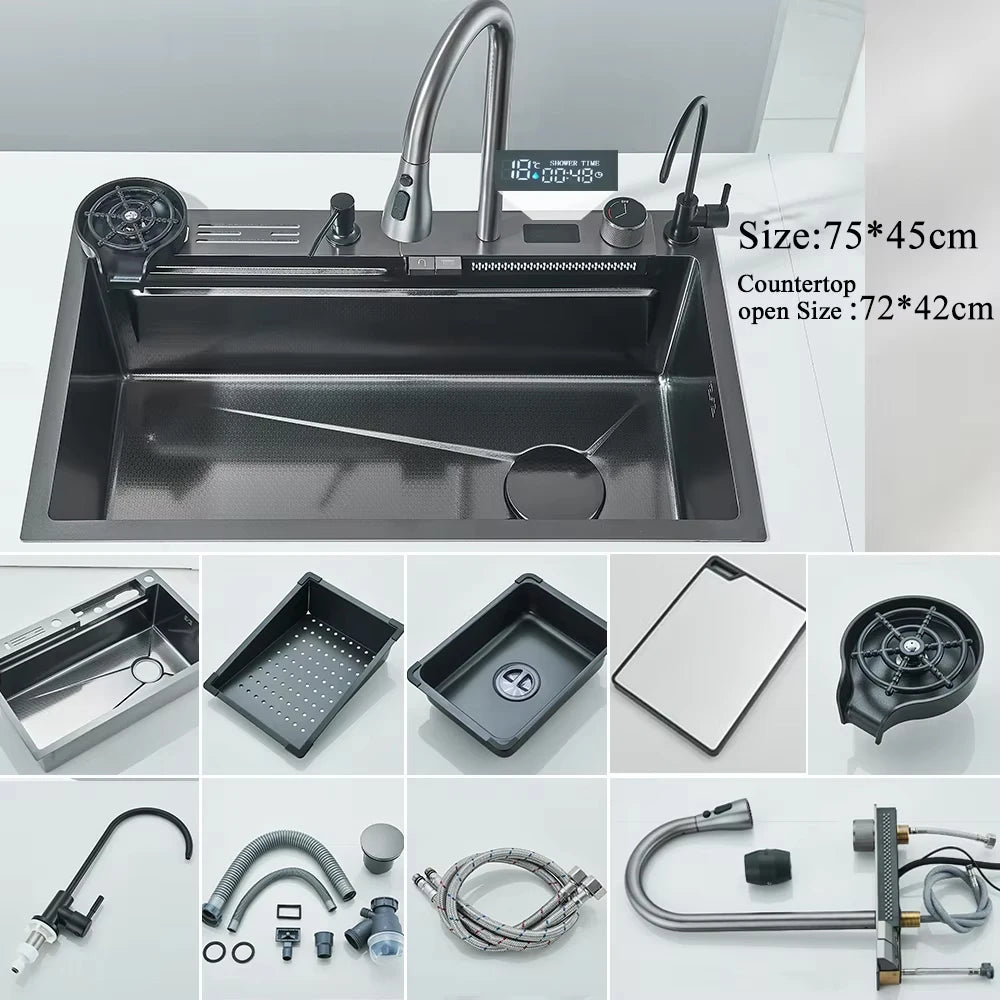 Stainless Steel Waterfall Kitchen Sink Large Single Slot Integrated Digital Display Faucet Set Soap Dispenser Cup Washer