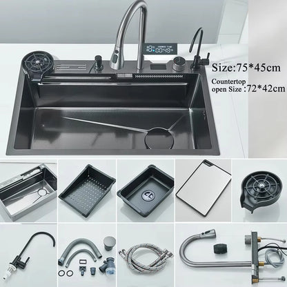 Stainless Steel Waterfall Kitchen Sink Large Single Slot Integrated Digital Display Faucet Set Soap Dispenser Cup Washer