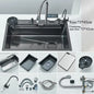 Stainless Steel Waterfall Kitchen Sink Large Single Slot Integrated Digital Display Faucet Set Soap Dispenser Cup Washer