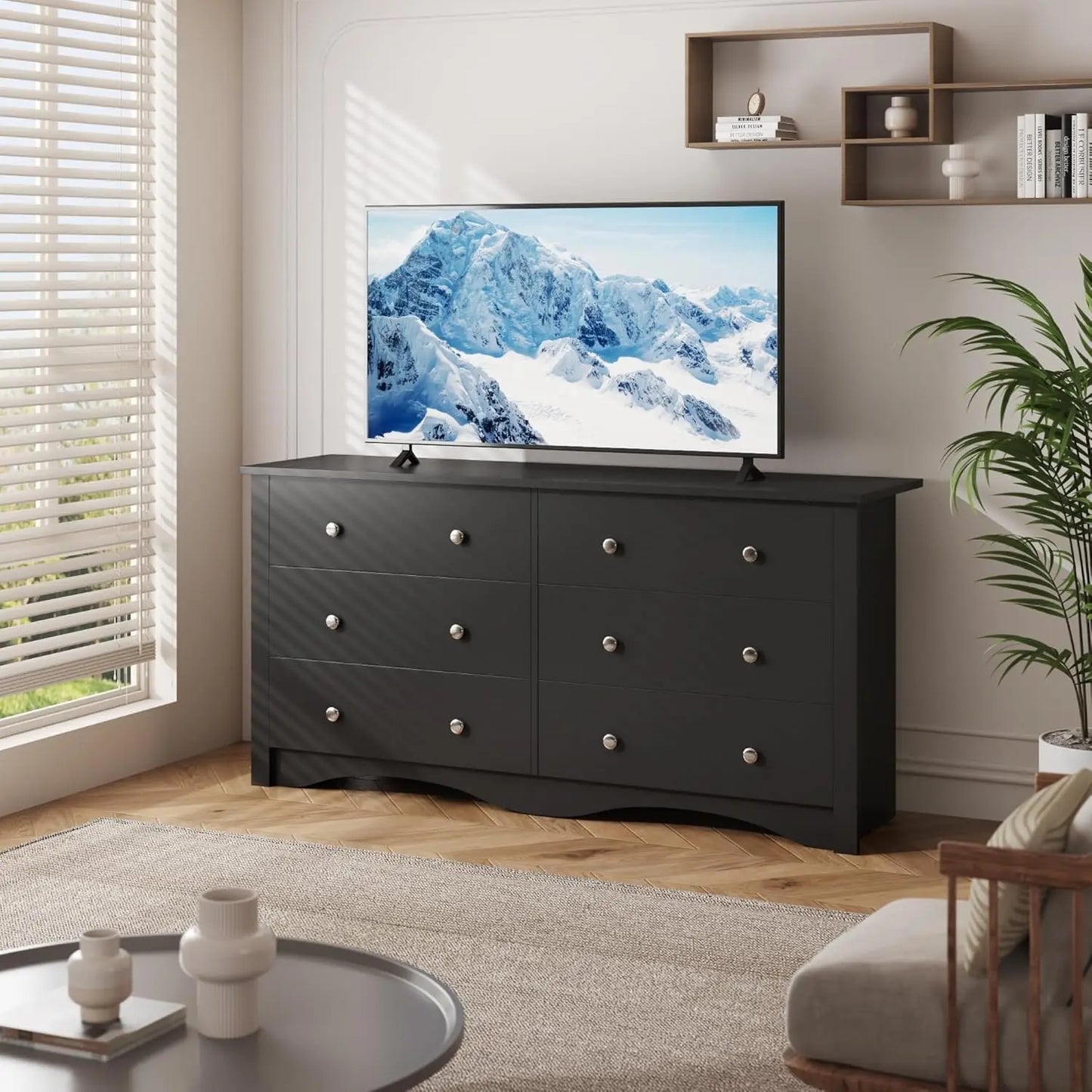 6 Wood Drawers Dresser for Bedroom, Double Dresser for TV up to 65 inch, TV Stand Storage Chest of Drawers for Living Room