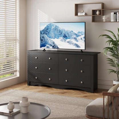 6 Wood Drawers Dresser for Bedroom, Double Dresser for TV up to 65 inch, TV Stand Storage Chest of Drawers for Living Room