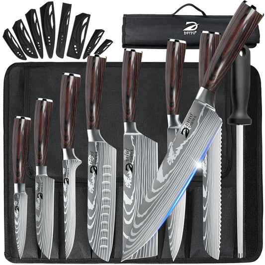 8pcs Kitchen Knife Damascus Stainless Steel Nylon Bag