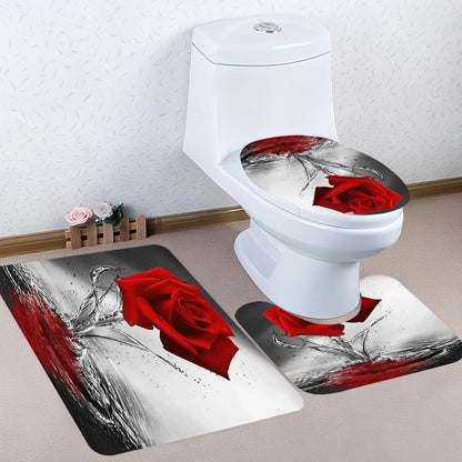 Red Rose Bathroom Four-piece Set - Waterproof Shower Curtain