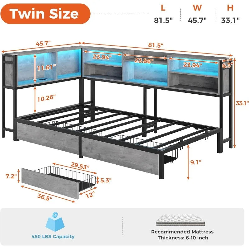 Corner Twin Bed Bookcase Storage Led Lights