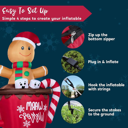 6 FT Tall Christmas Inflatable Gingerbread Man in Hot Cocoa Mug