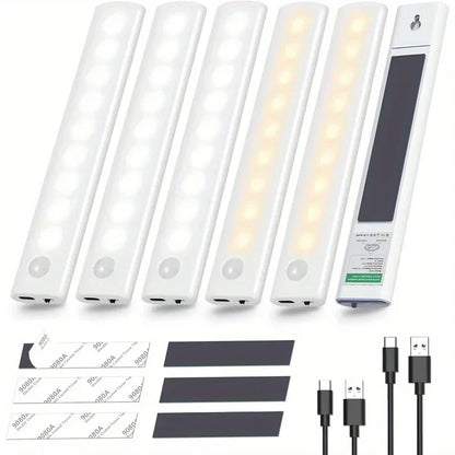 Under Cabinet Lights 1/3/6pcs, Motion Sensor Rechargeable Battery Operated 2 Colors LED Light  for  Closet, Kitchen, Bathroom