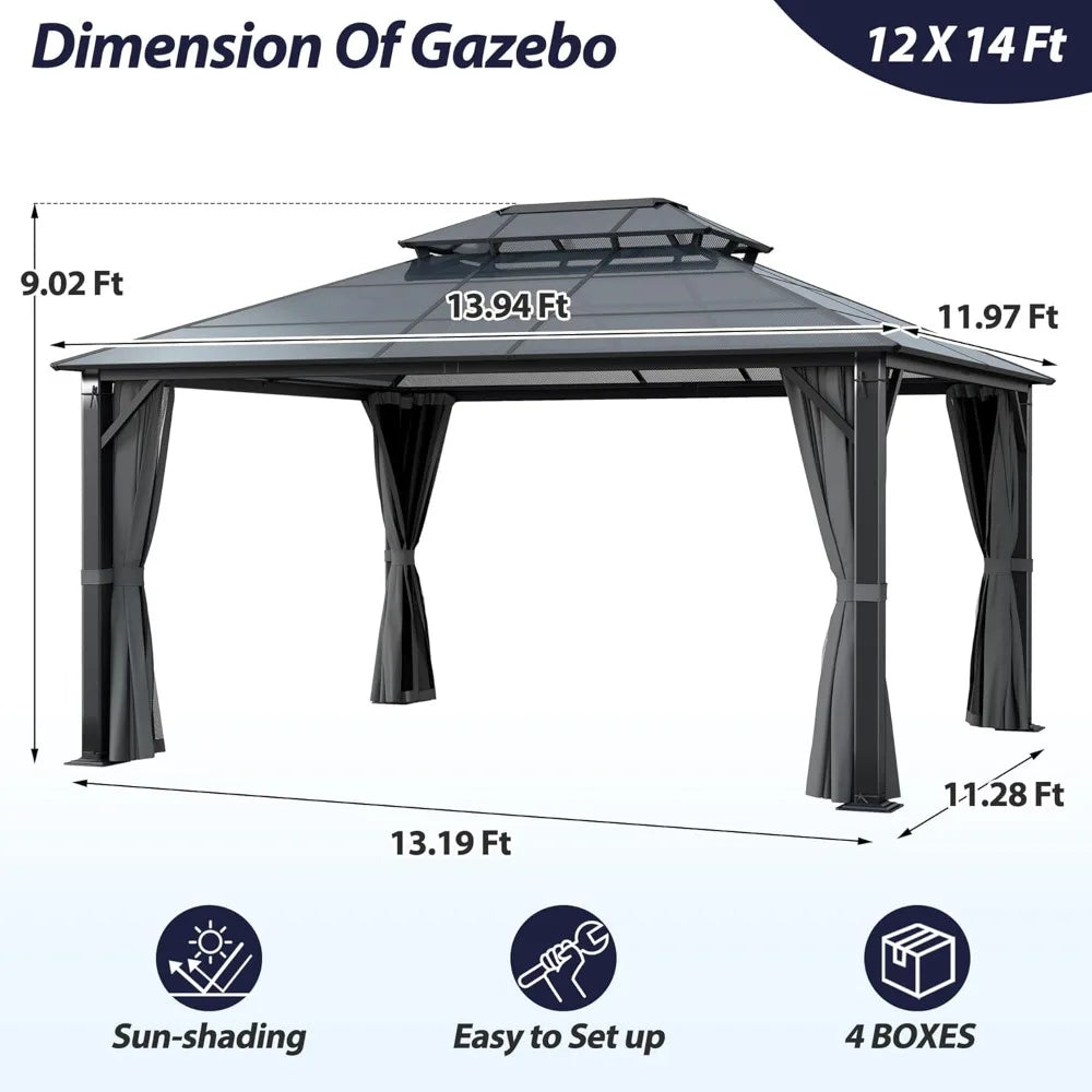 12' x 14' Hardtop Gazebo with Double Polycarbonate Roof, Metal Frame