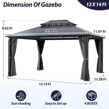 12' x 14' Hardtop Gazebo with Double Polycarbonate Roof, Metal Frame