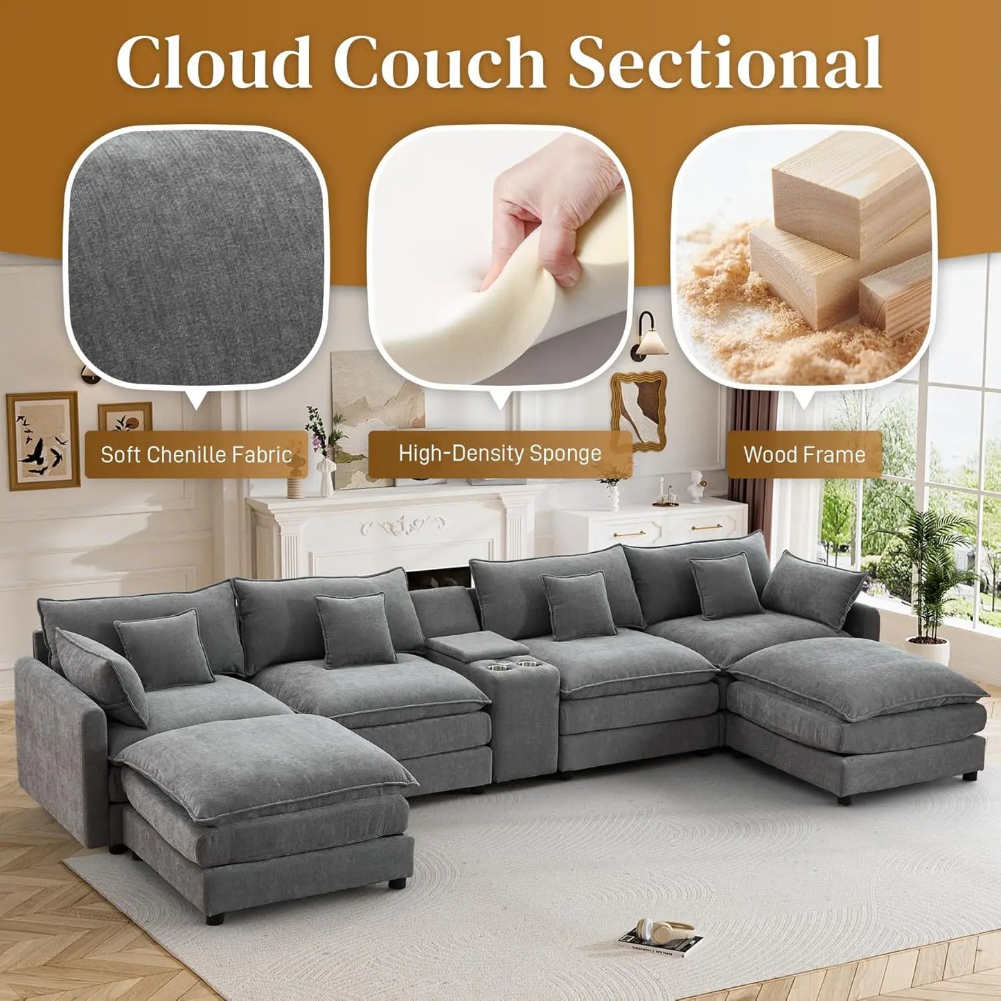 145" Cloud Couch Oversized U Shaped Grey Sectional