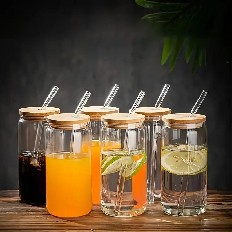 6pcs 18.6oz Glasses with Bamboo Lids and Glass Straw