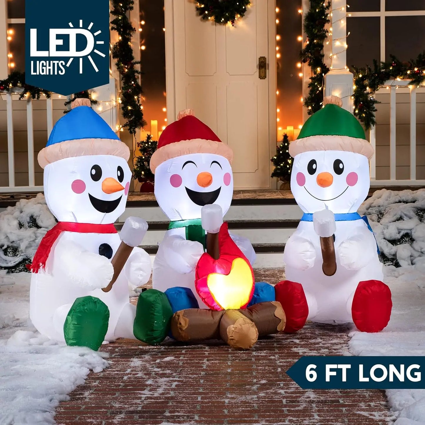 6 FT Long Christmas Inflatable Snowman with Campfire with Built-in LEDs for Xmas Party  Christmas Blow Up Yard Decoration