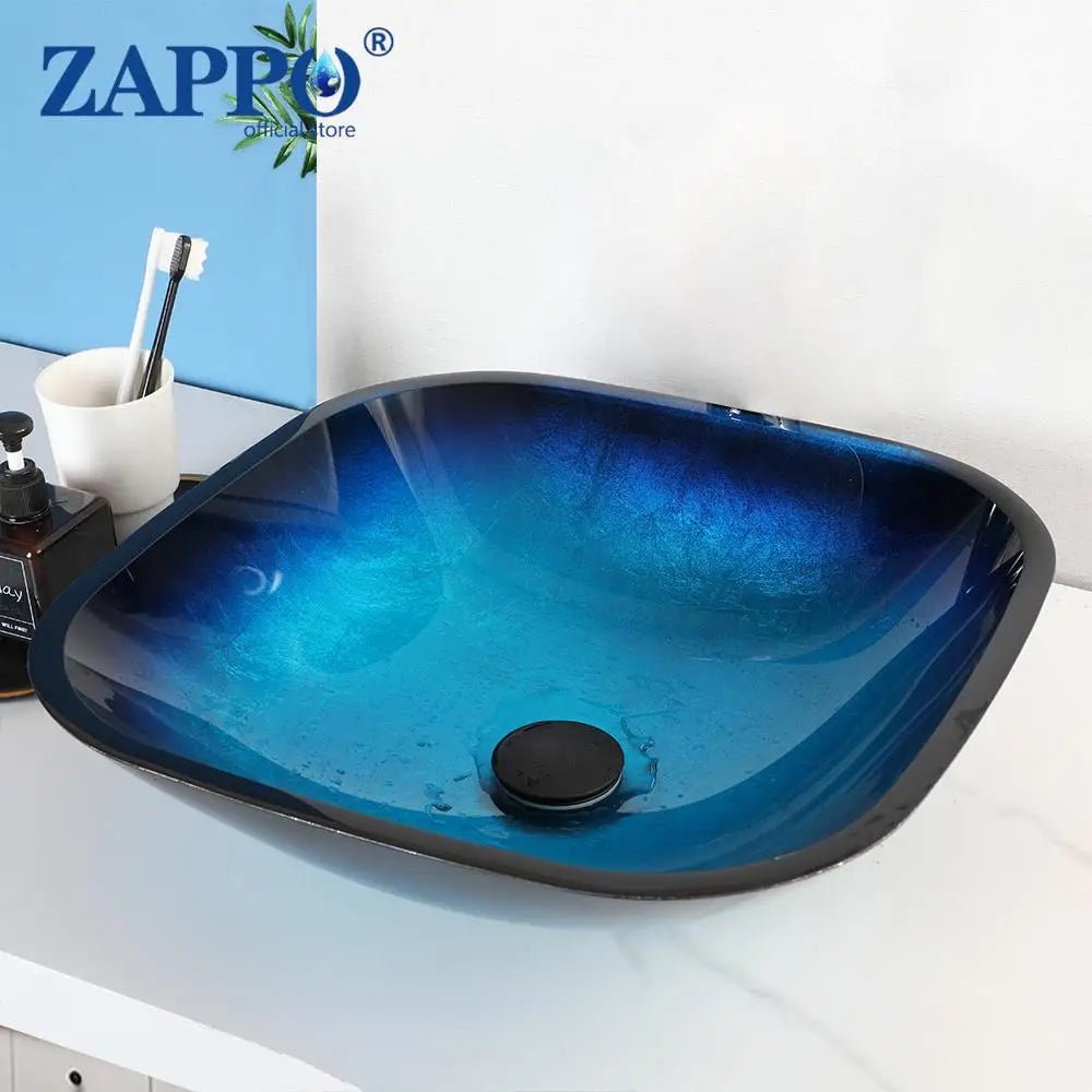 Tempered Glass Bathroom Vessel Sink with Waterfall Black Faucet Tap Bathroom Oval Blue Vessel Sinks Above Counter Basin
